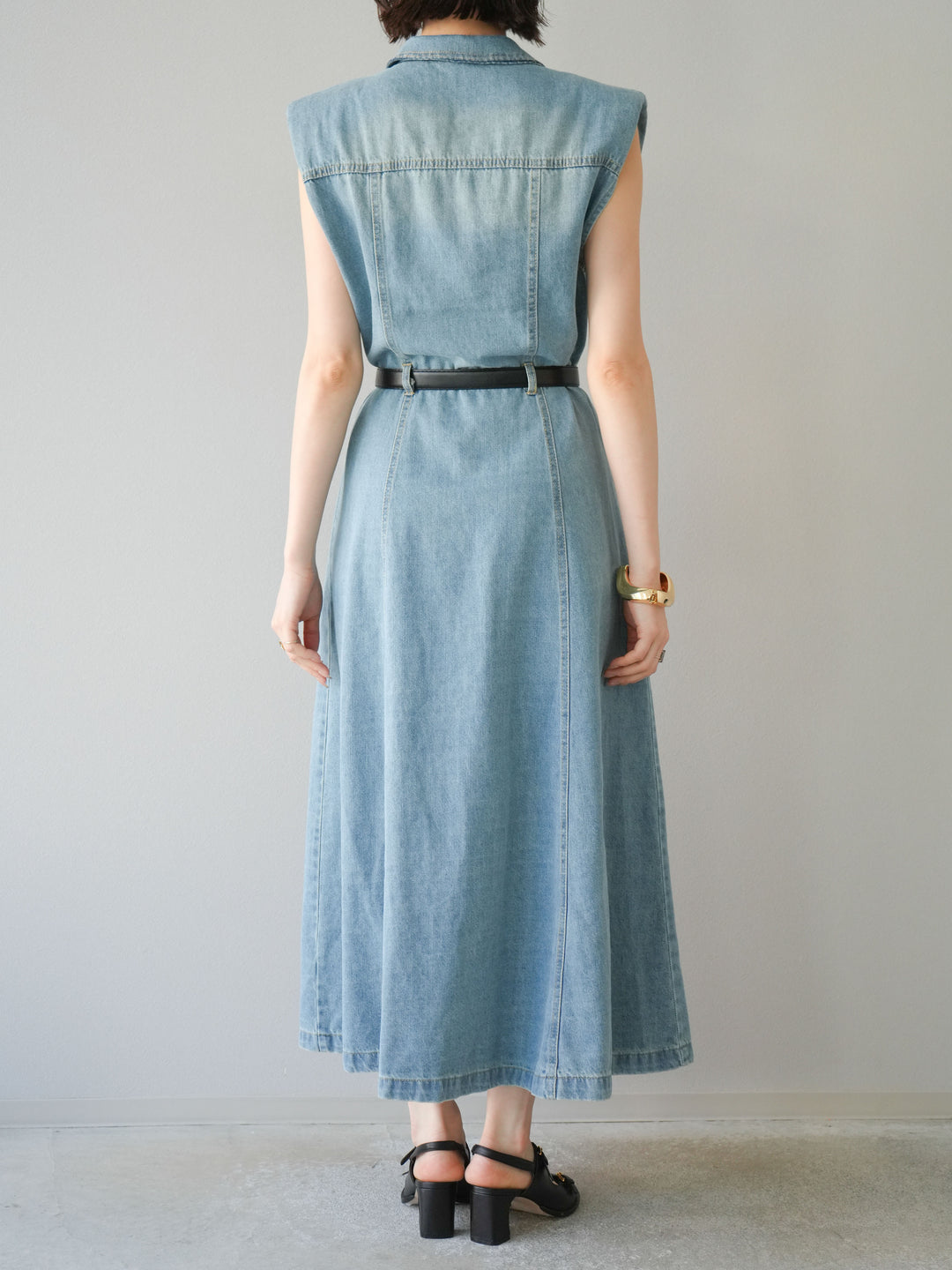 [予約]ベルト付デニムシャツデザインワンピース/ライトブルー