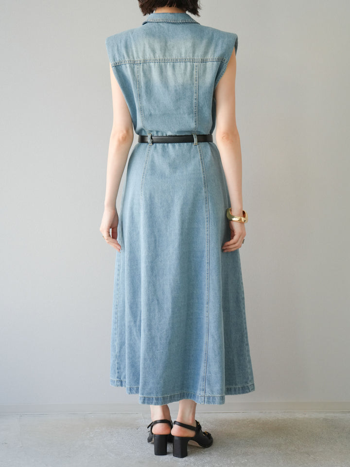 [予約]ベルト付デニムシャツデザインワンピース/ライトブルー