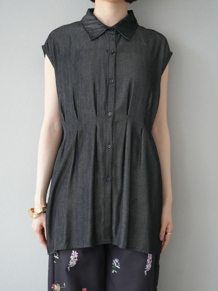 【預訂】天絲牛仔收腰無袖上衣/黑色