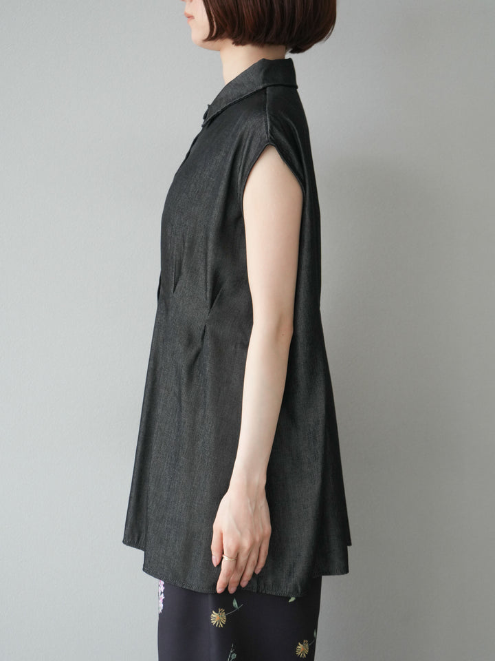 【預訂】天絲牛仔收腰無袖上衣/黑色