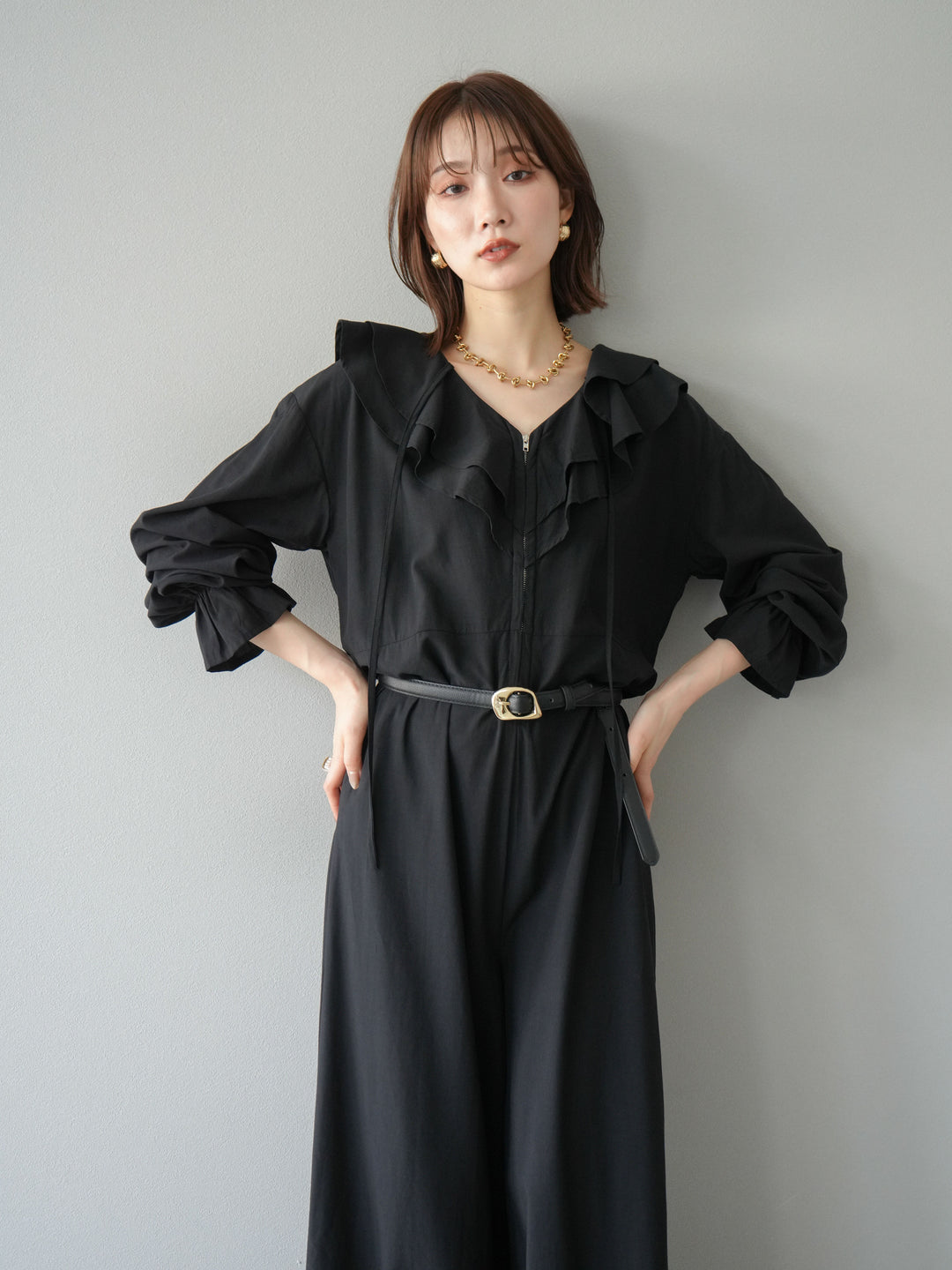 [予約]ラッフルデザインオールインワン/ブラック