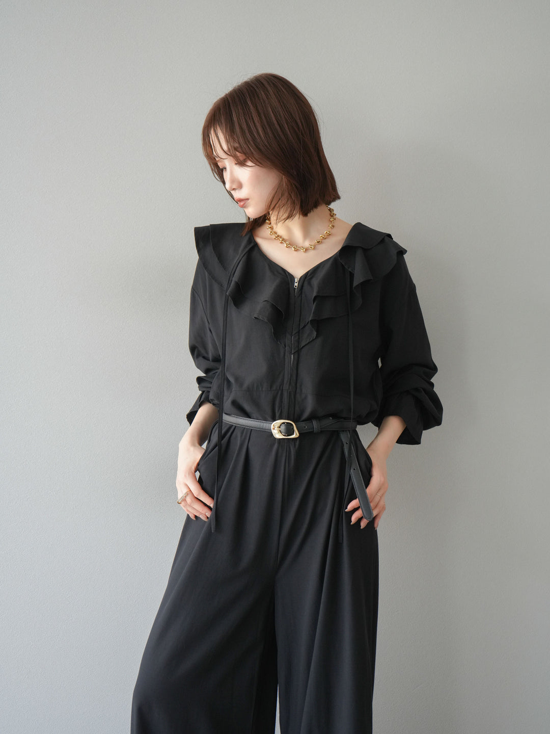 [予約]ラッフルデザインオールインワン/ブラック