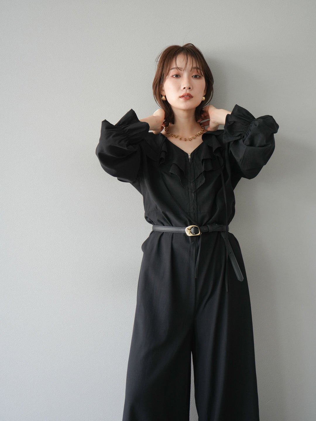 [予約]ラッフルデザインオールインワン/ブラック