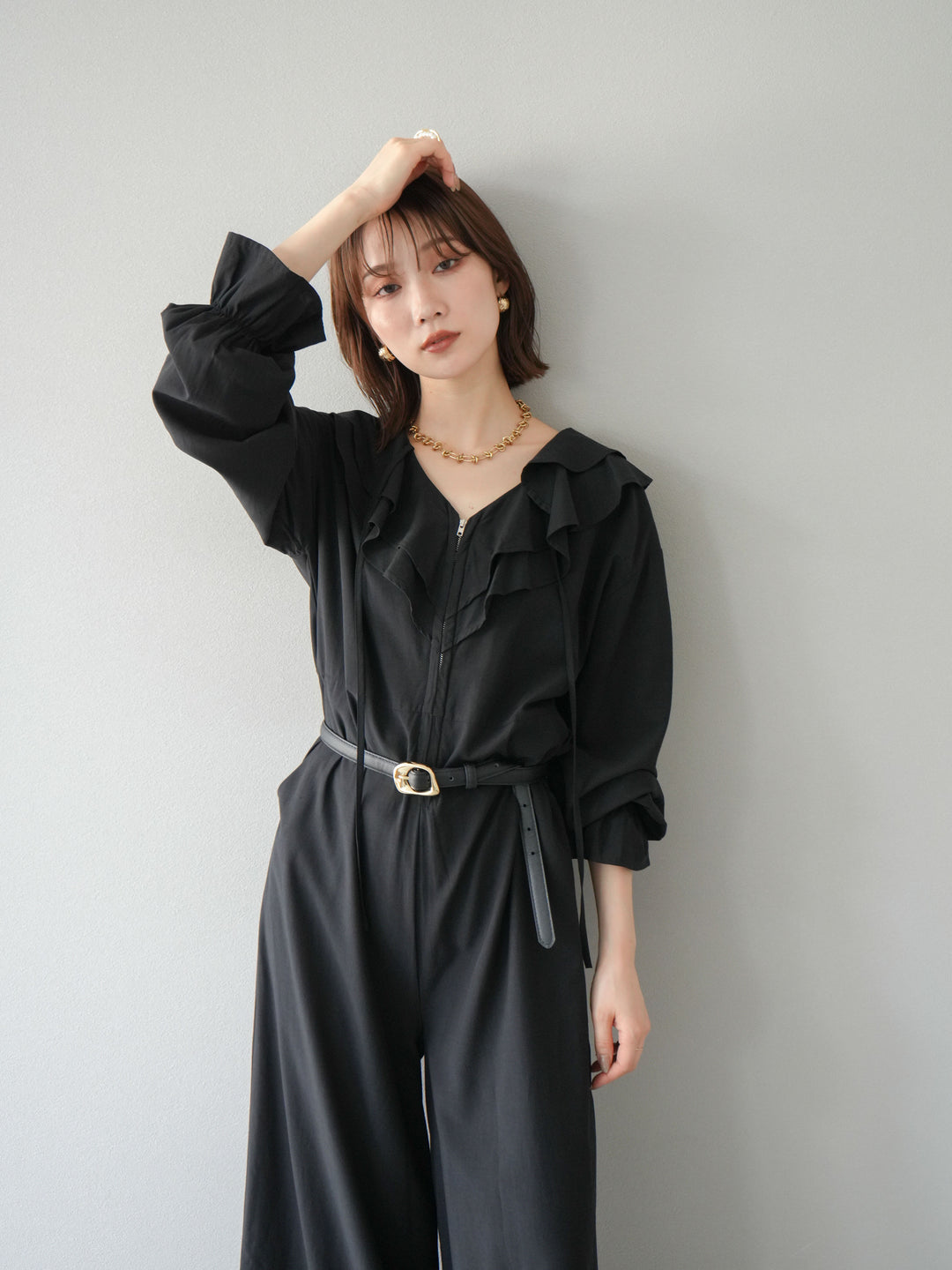 [予約]ラッフルデザインオールインワン/ブラック