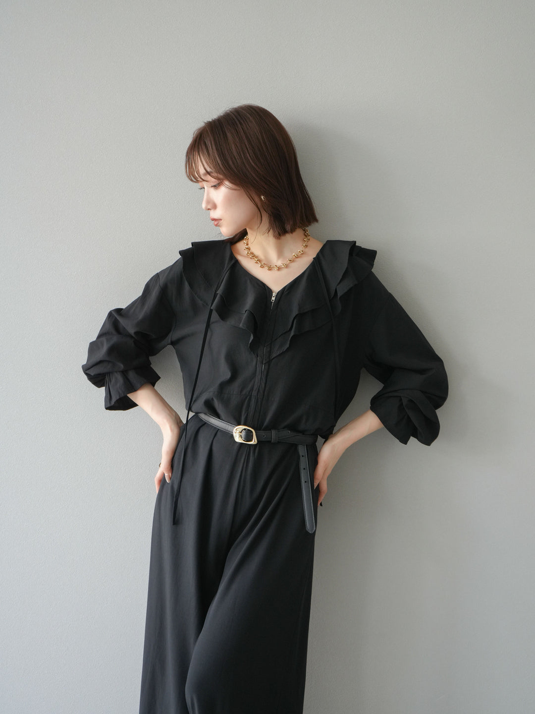 [予約]ラッフルデザインオールインワン/ブラック