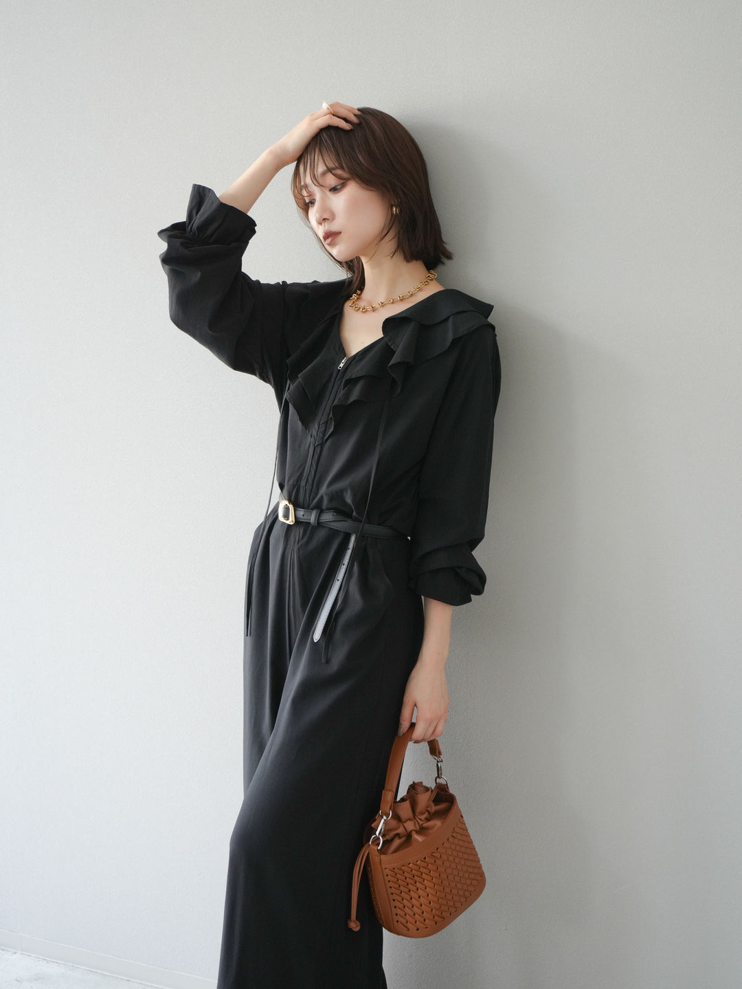 [予約]ラッフルデザインオールインワン/ブラック