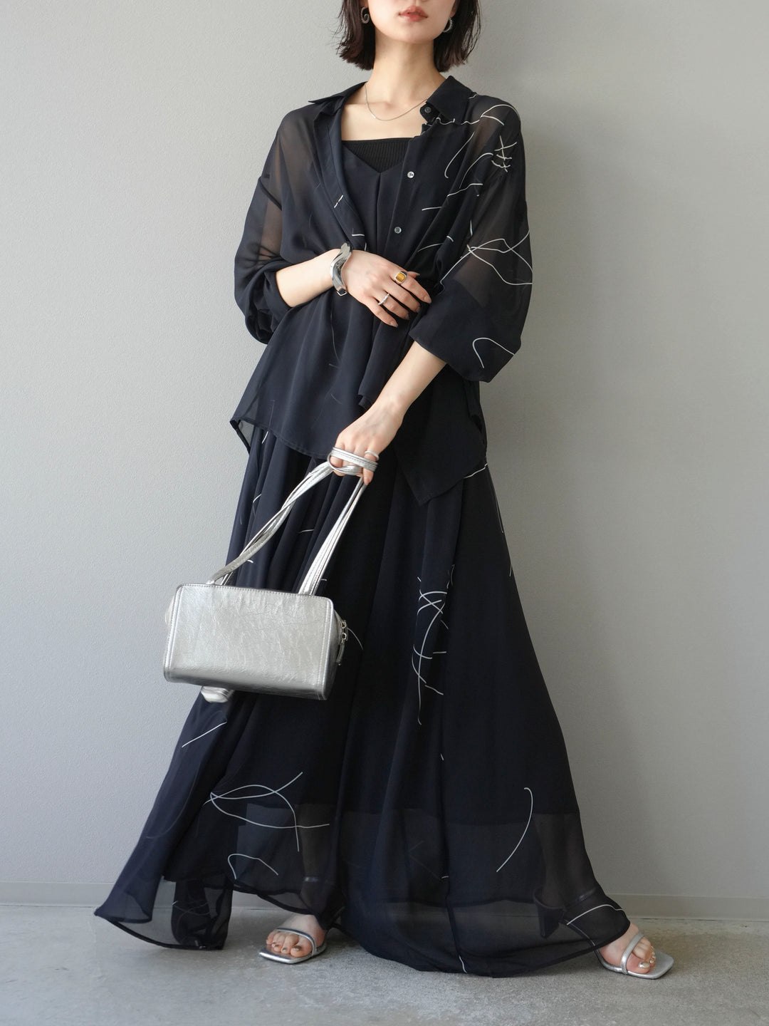 [予約]ペンタッチシフォンシャツ/ブラック