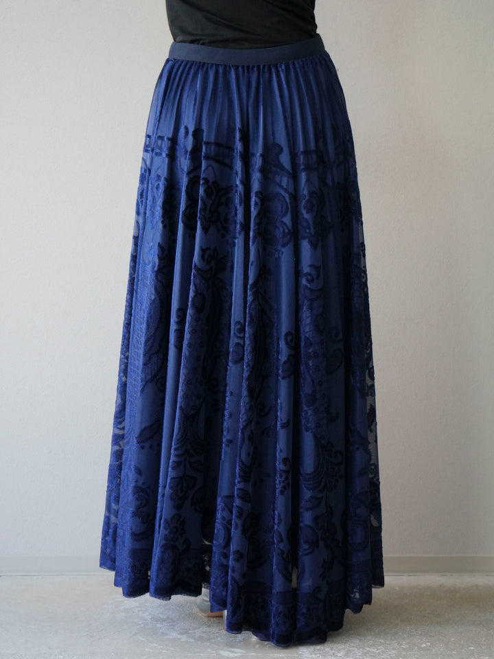 [予約]アンティーク柄フロッキーマキシスカート/ブルー