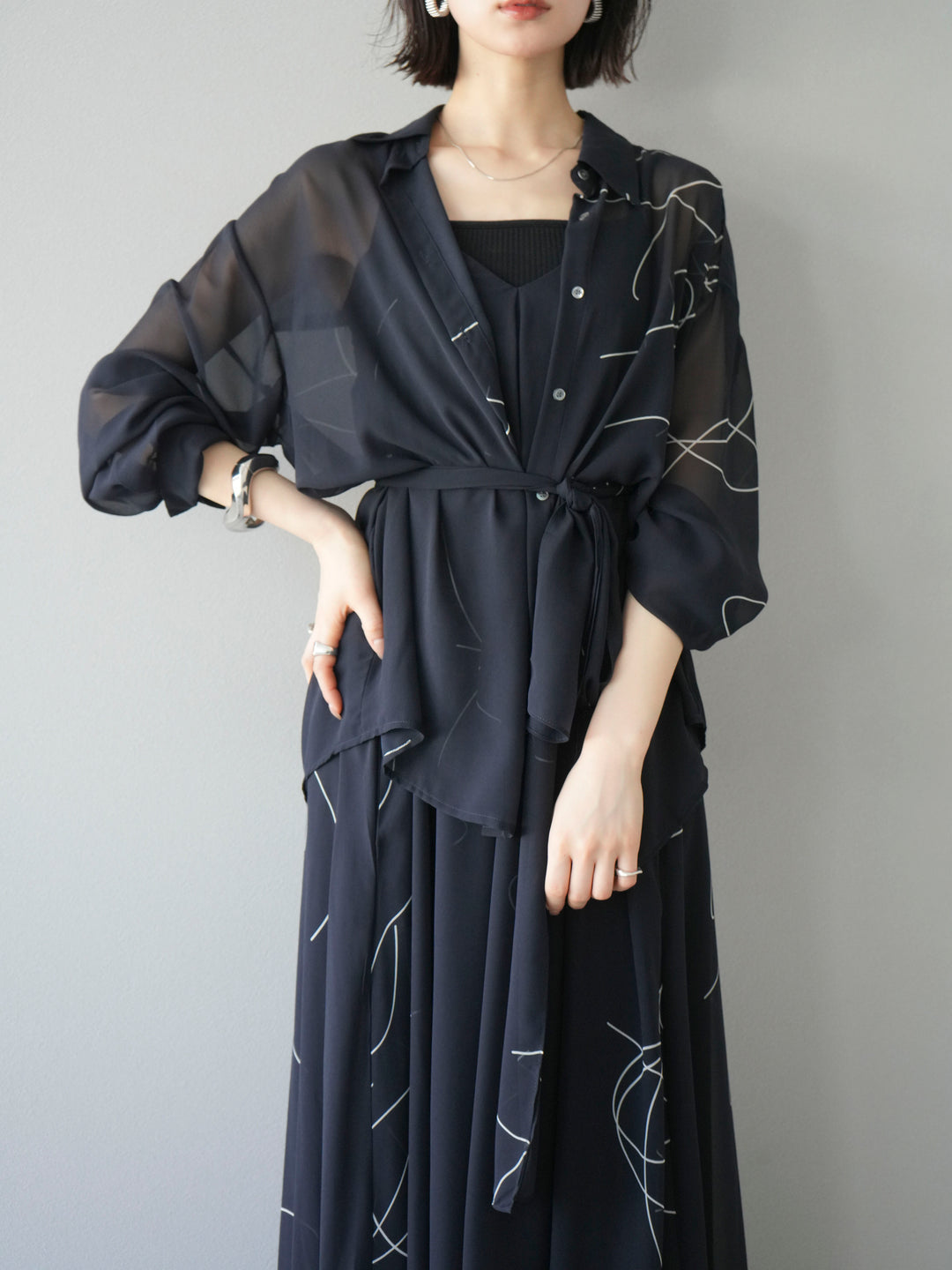 [予約]ペンタッチシフォンシャツ/ブラック