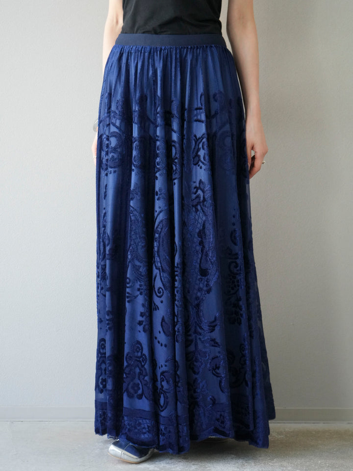 [予約]アンティーク柄フロッキーマキシスカート/ブルー