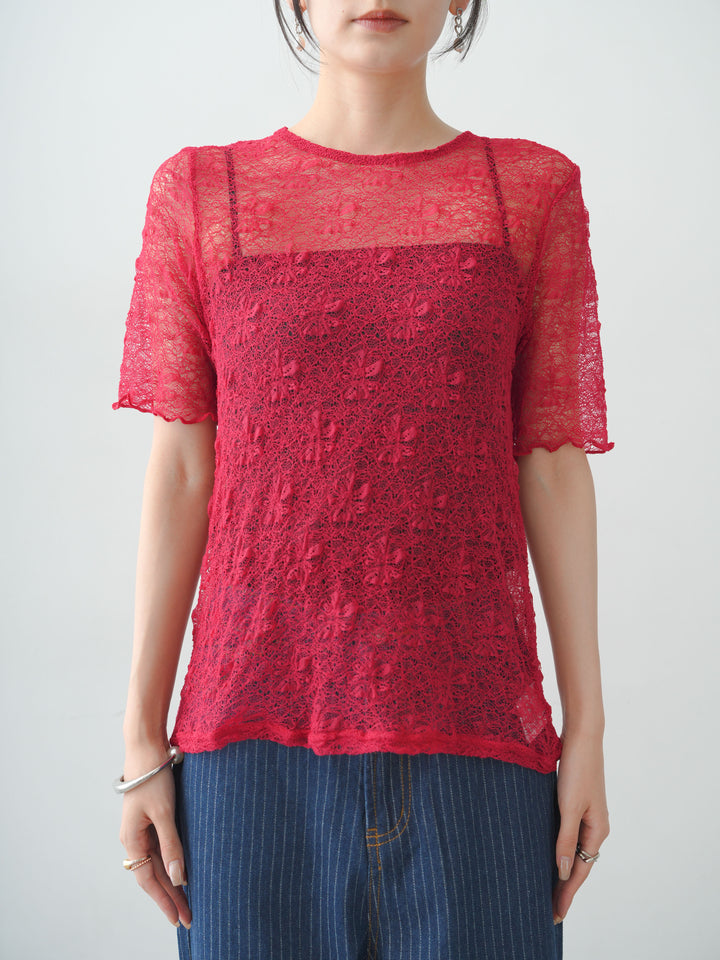 [予約]フラワーモチーフレーストップス/red