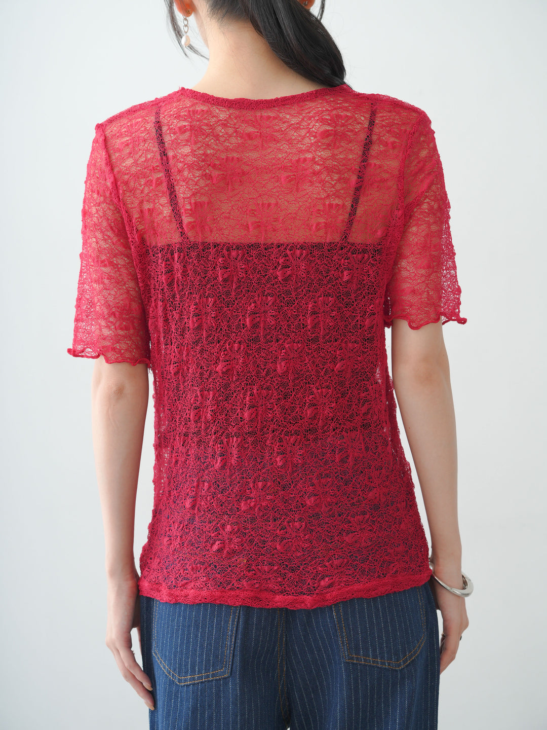 [予約]フラワーモチーフレーストップス/red