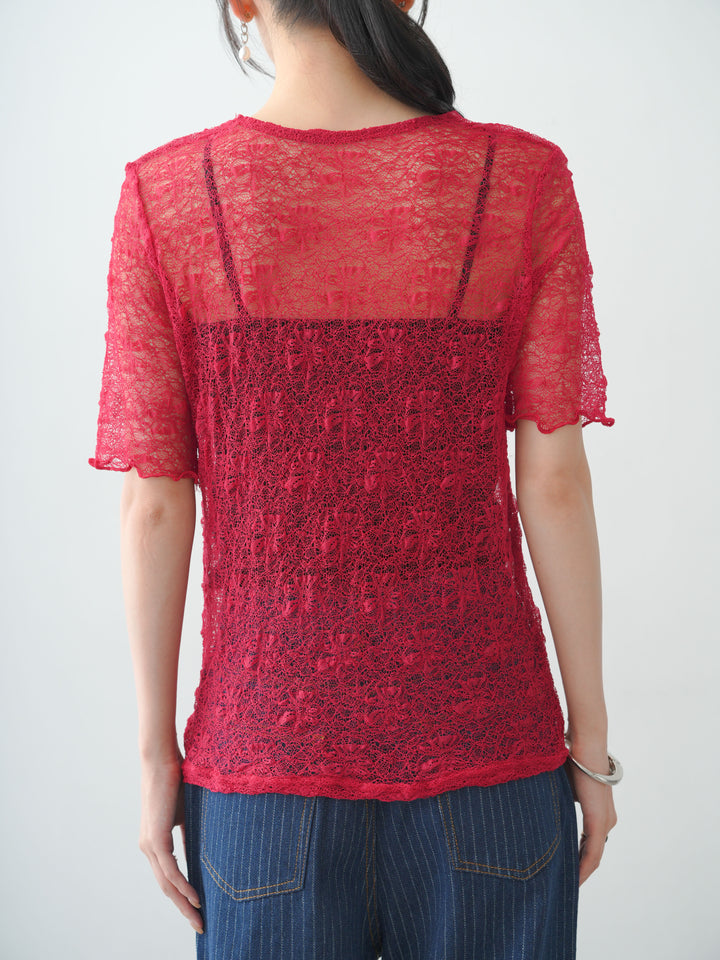 [予約]フラワーモチーフレーストップス/red