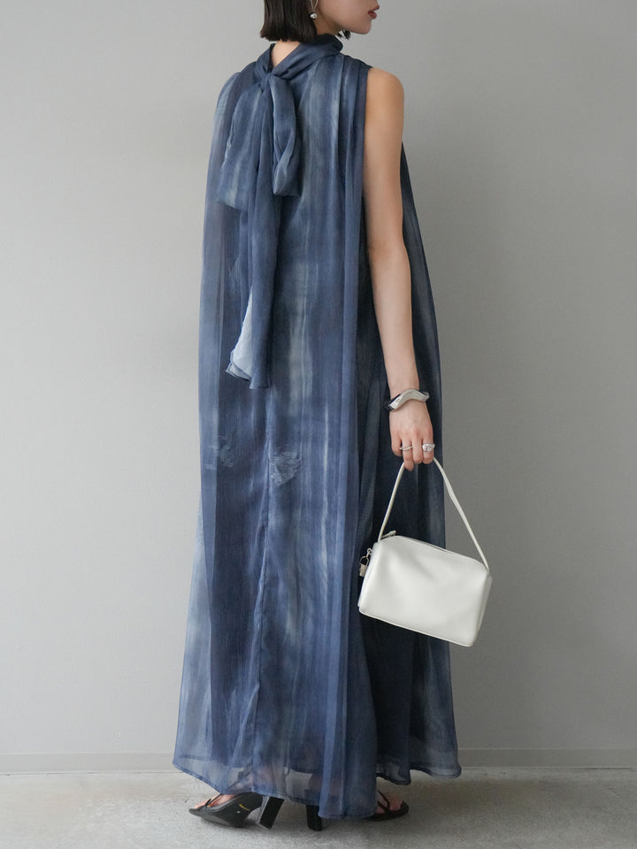 [預購] 精緻圖案掛脖透視洋裝/海軍藍