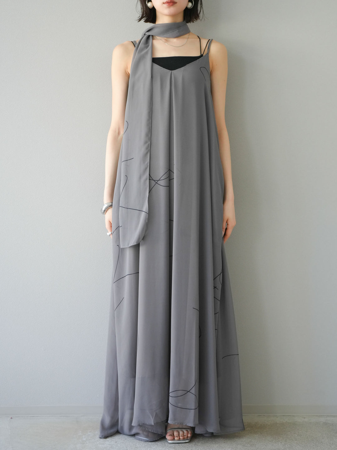 [予約]ペンタッチシフォンキャミワンピース/グレー
