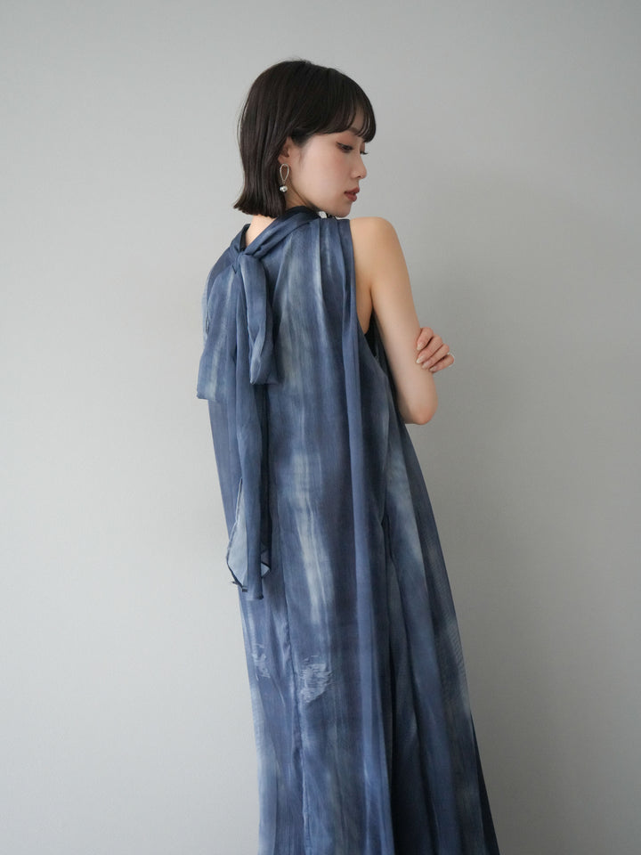 [預購] 精緻圖案掛脖透視洋裝/海軍藍