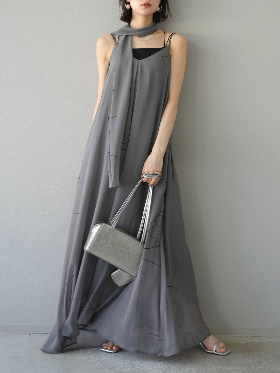 [予約]ペンタッチシフォンキャミワンピース/グレー