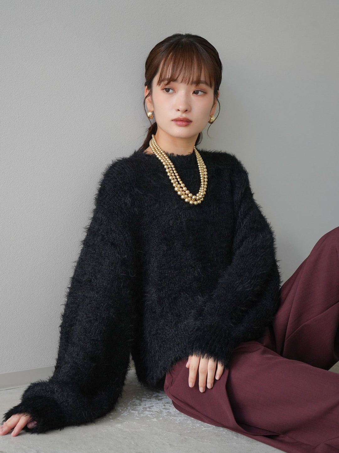 [予約]プチネッククロップドシャギーニット/ブラック