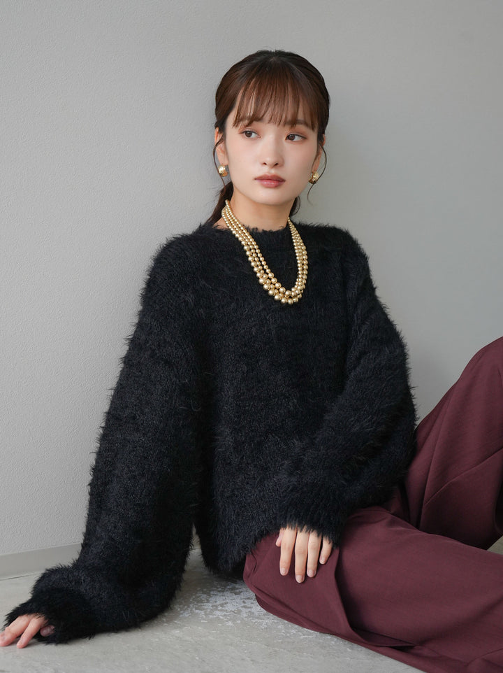 [予約]プチネッククロップドシャギーニット/ブラック