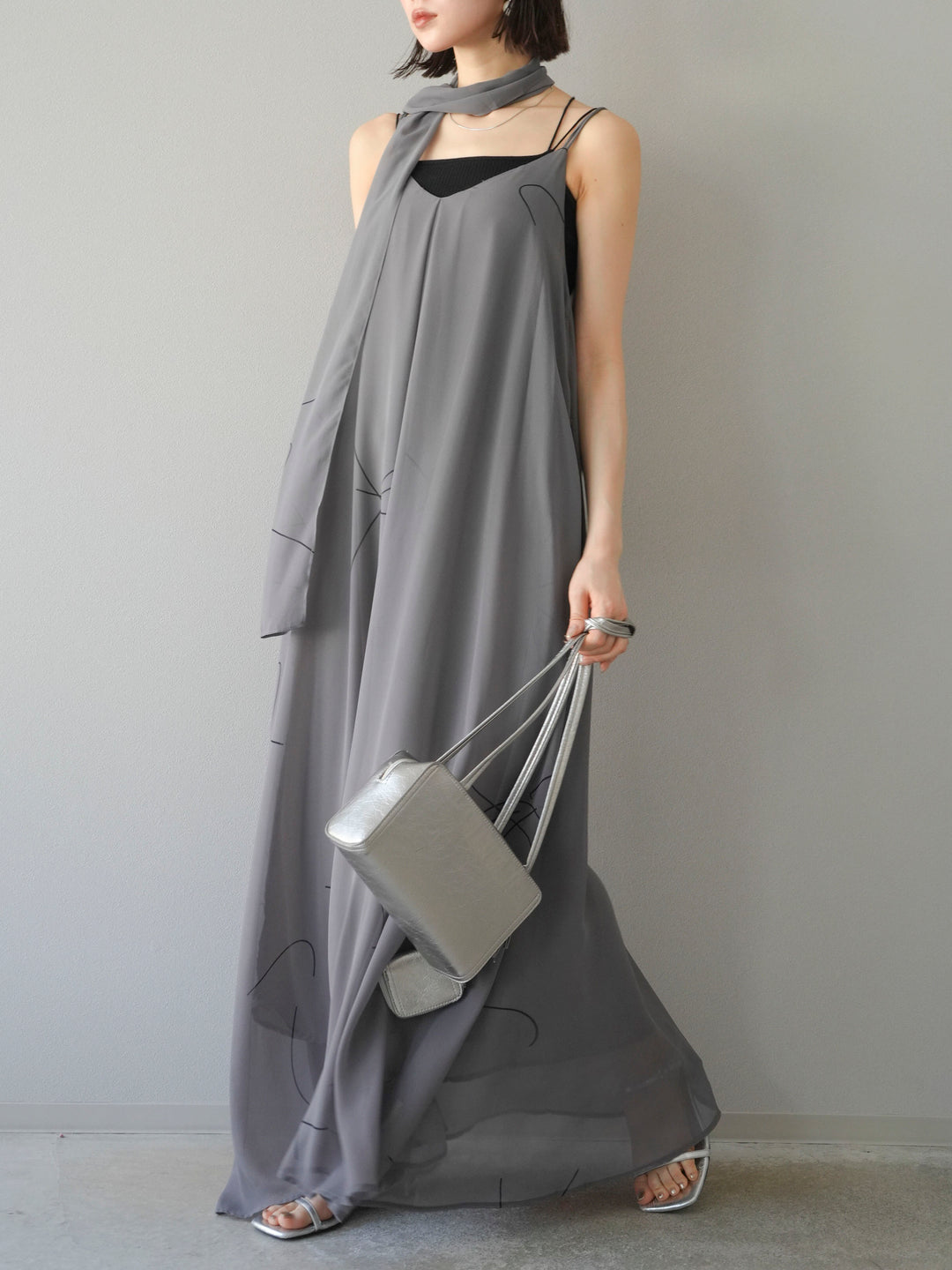 [予約]ペンタッチシフォンキャミワンピース/グレー