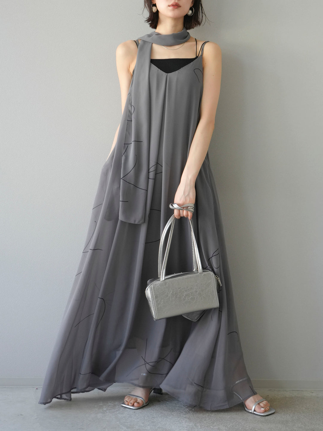 [予約]ペンタッチシフォンキャミワンピース/グレー