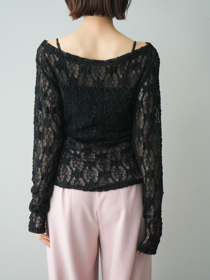 [予約]サイドギャザーレーストップス/black