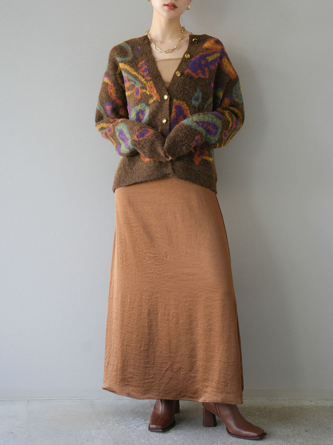 [套裝] 混紡紗佩斯利針織開襟衫 + 可選飾品套裝（2套）