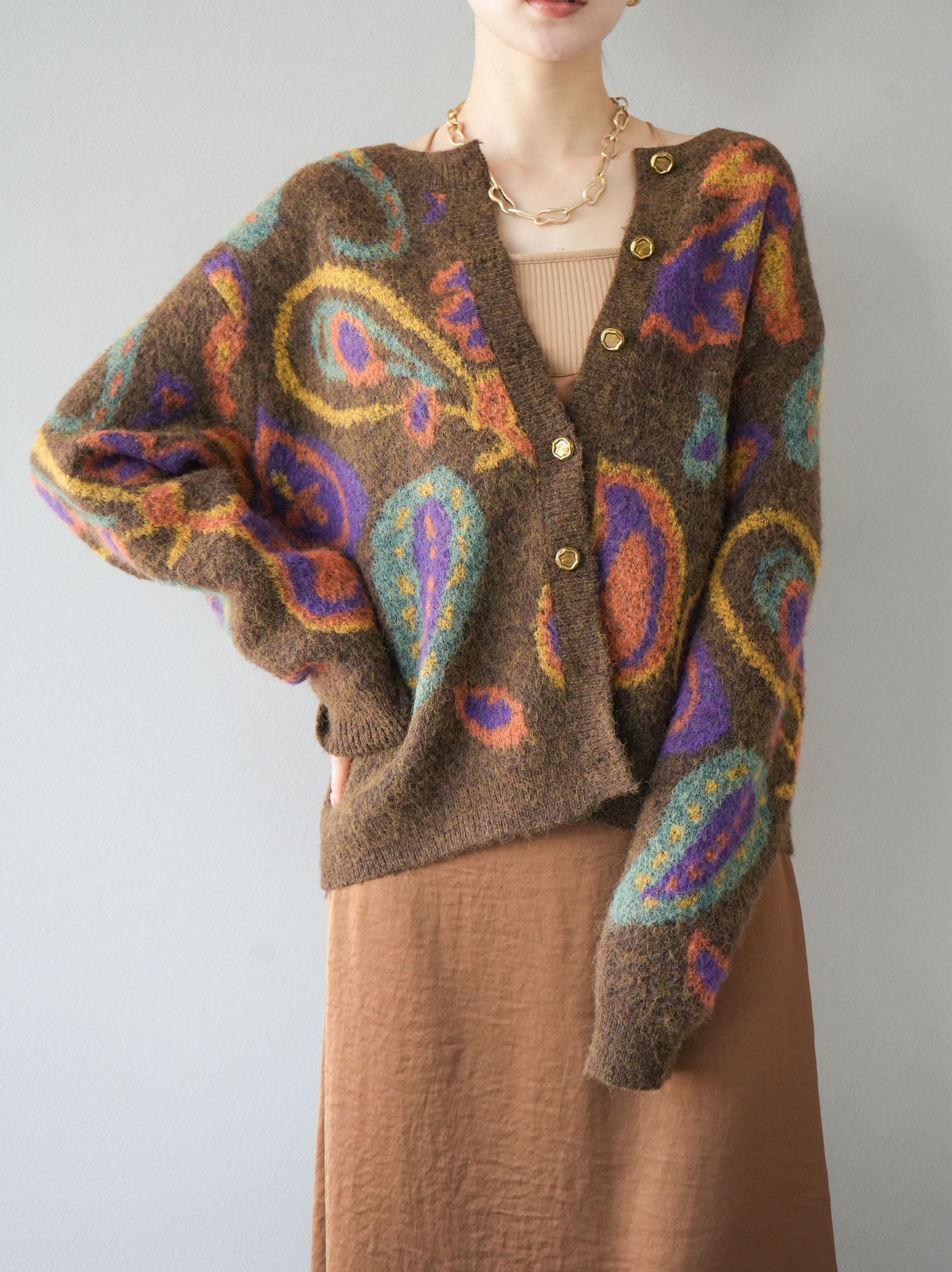 SET]ミックスヤーンペイズリー柄ニットカーディガン+選べるアクセ