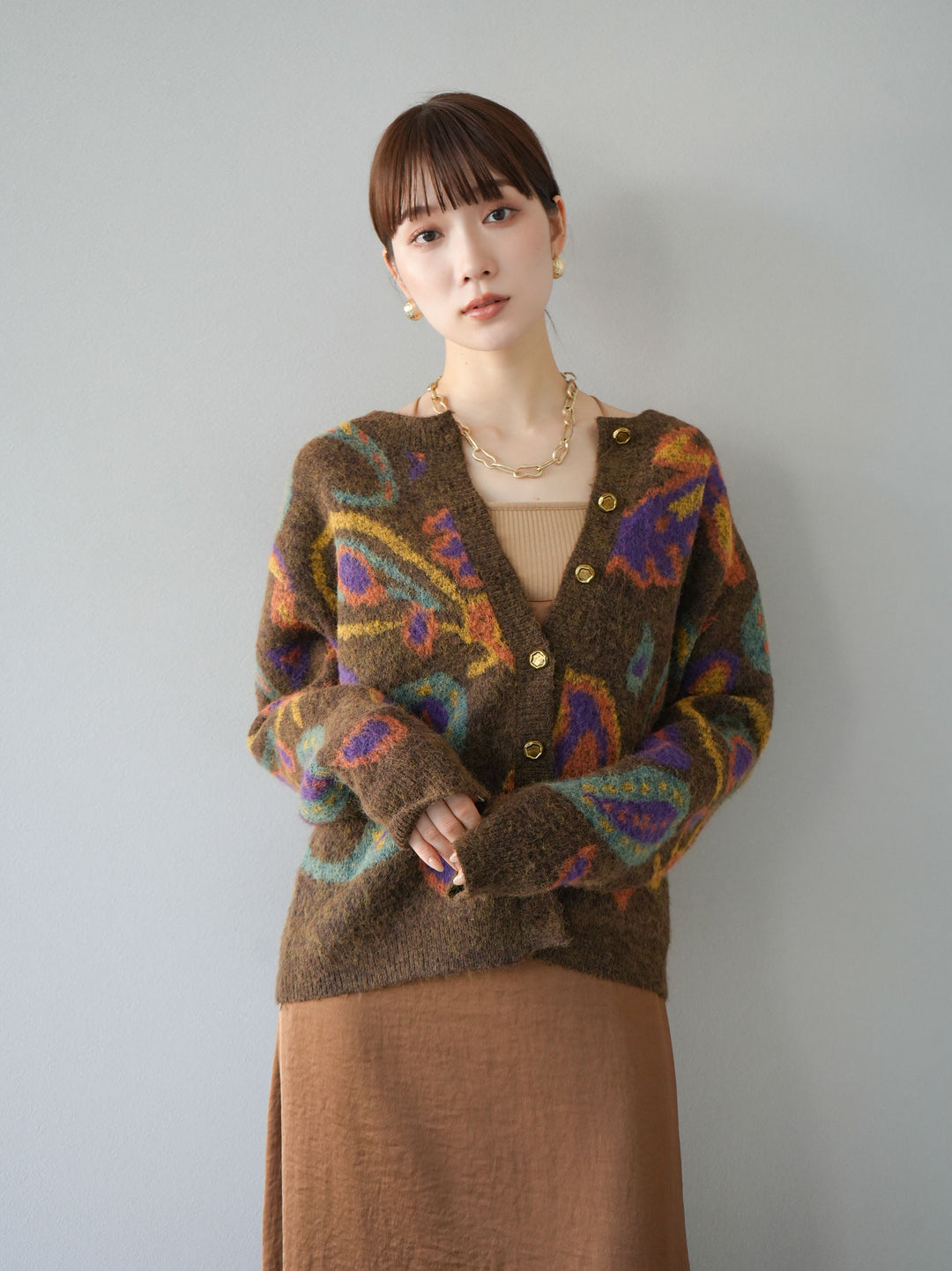 [套裝] 混紡紗佩斯利針織開襟衫 + 可選飾品套裝（2套）