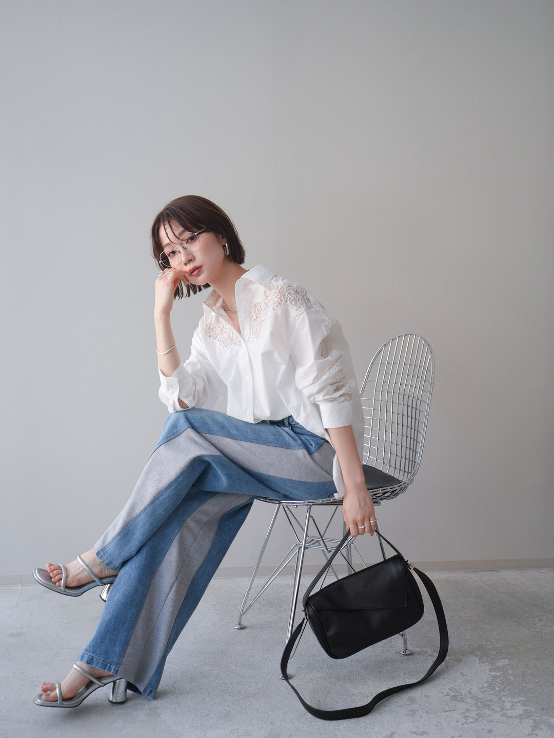 [SET]バックレースヨークシャツ+デニム切替スウェットパンツ(2set)