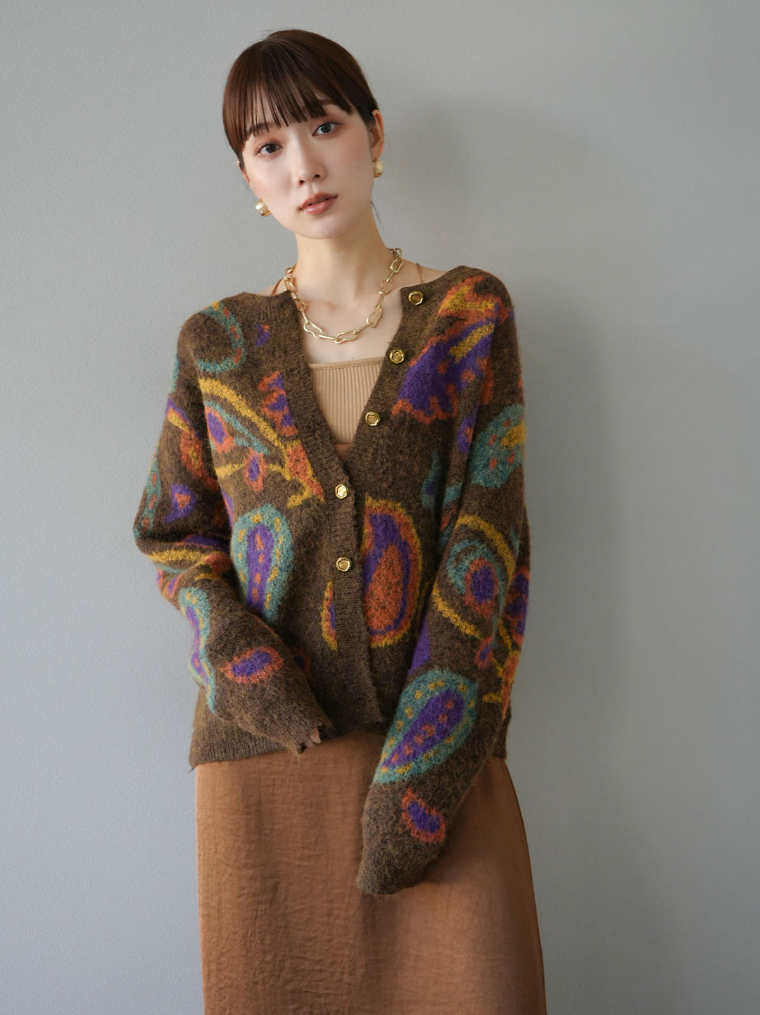 [套裝] 混紡紗佩斯利針織開襟衫 + 可選飾品套裝（2套）