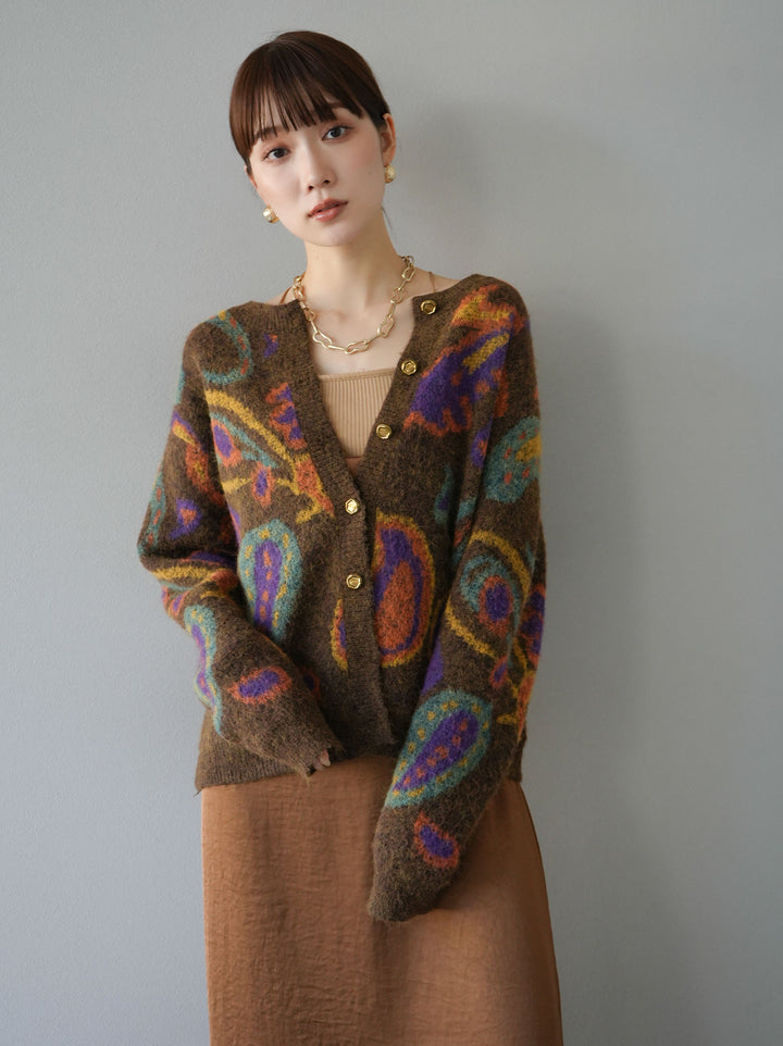 [套裝] 混紡紗佩斯利針織開襟衫 + 可選飾品套裝（2套）