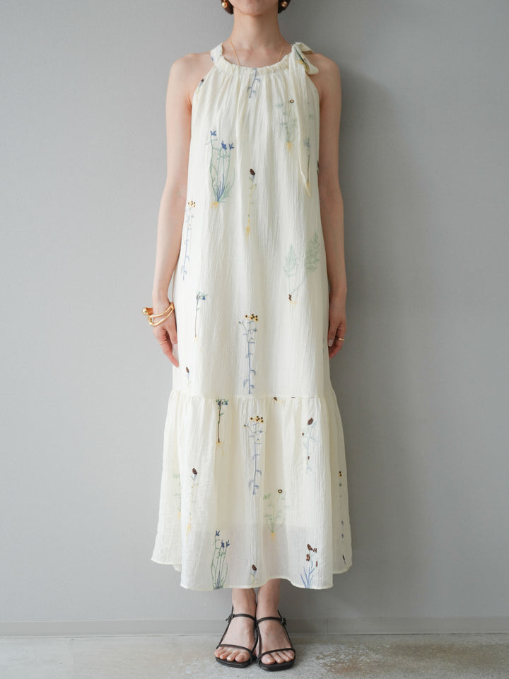 [予約]フラワー刺繍ホルターワンピース/アイボリー