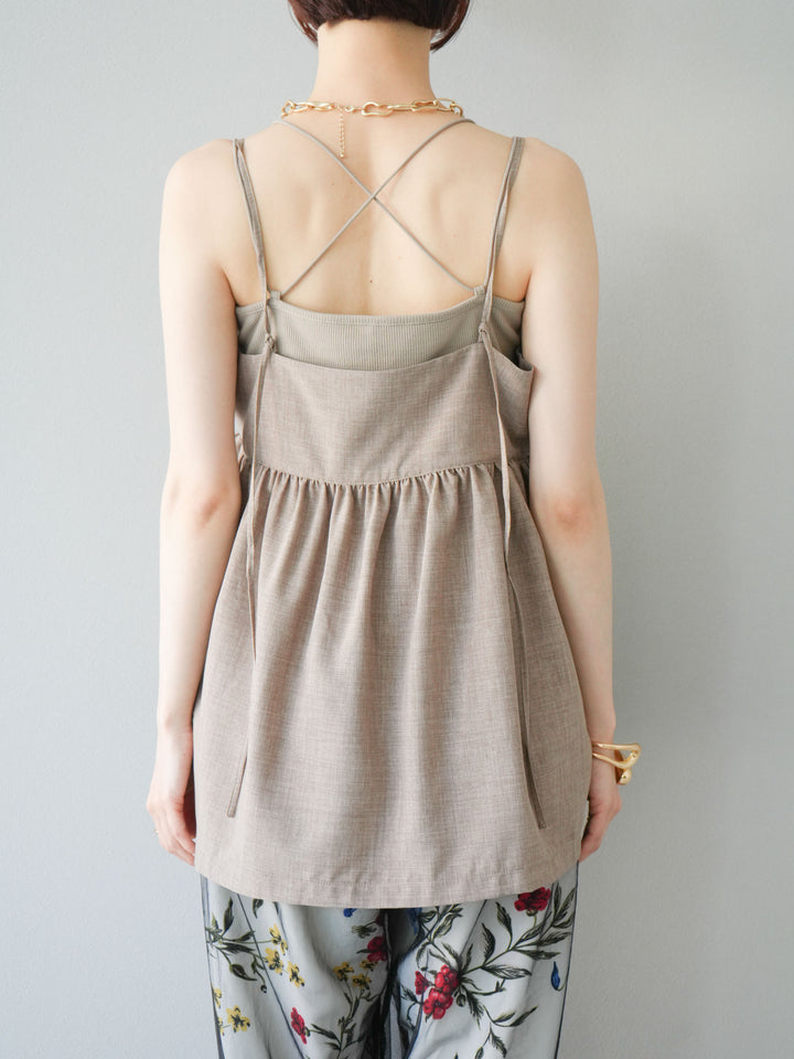[訂位] 仿亞麻緊身設計吊帶背心/灰褐色
