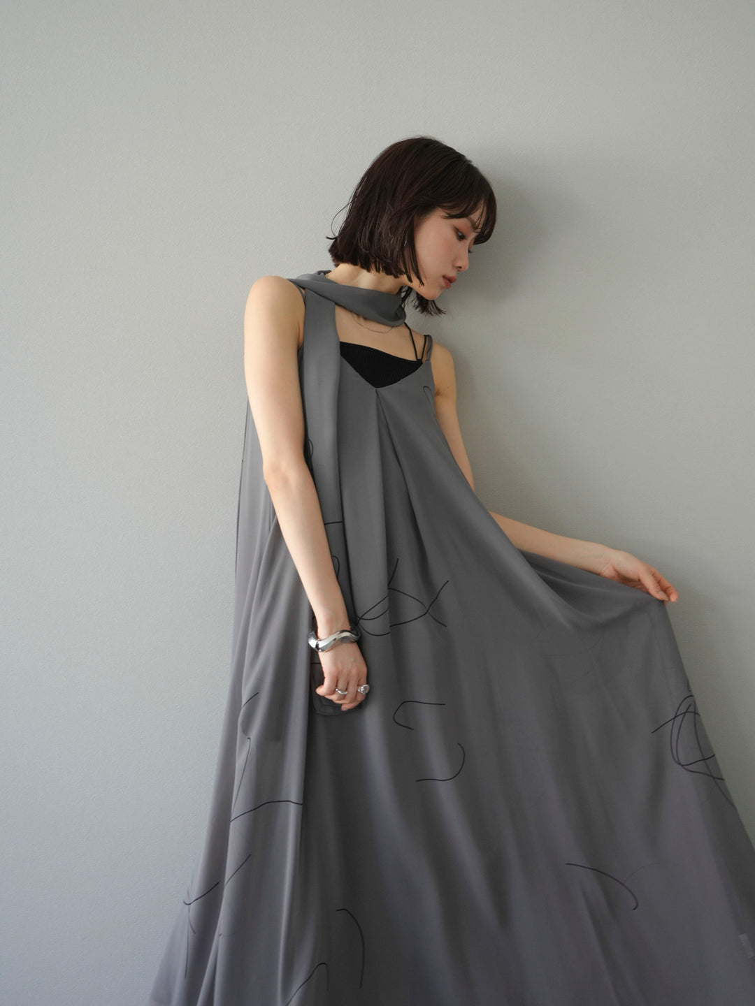 [予約]ペンタッチシフォンキャミワンピース/グレー