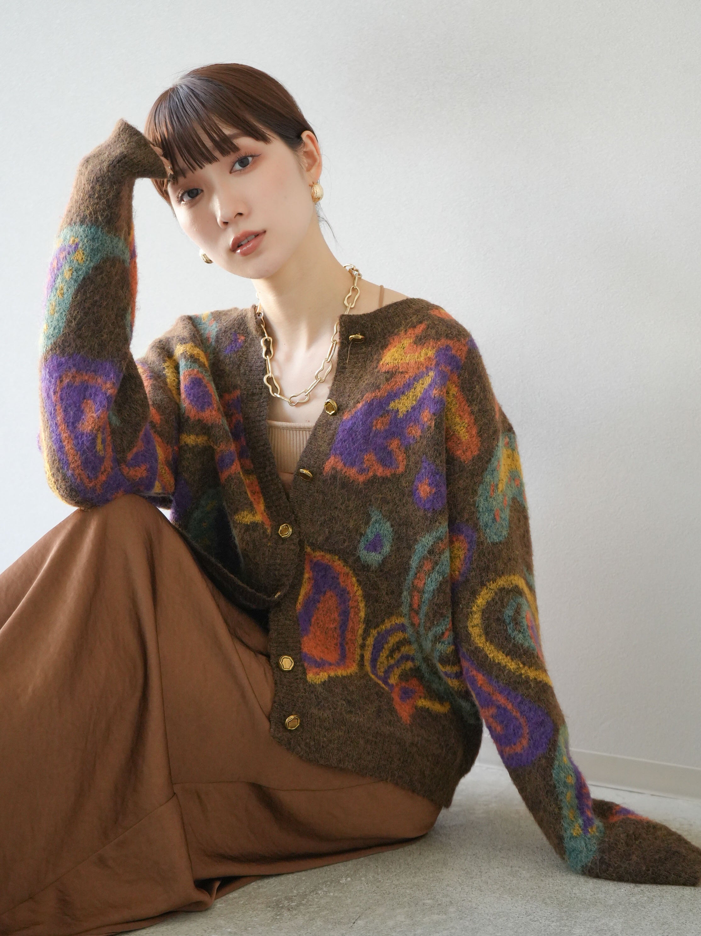 SET]ミックスヤーンペイズリー柄ニットカーディガン+選べるアクセ