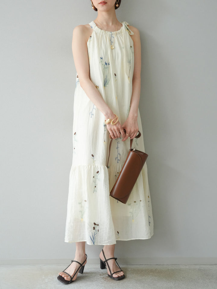 [予約]フラワー刺繍ホルターワンピース/アイボリー