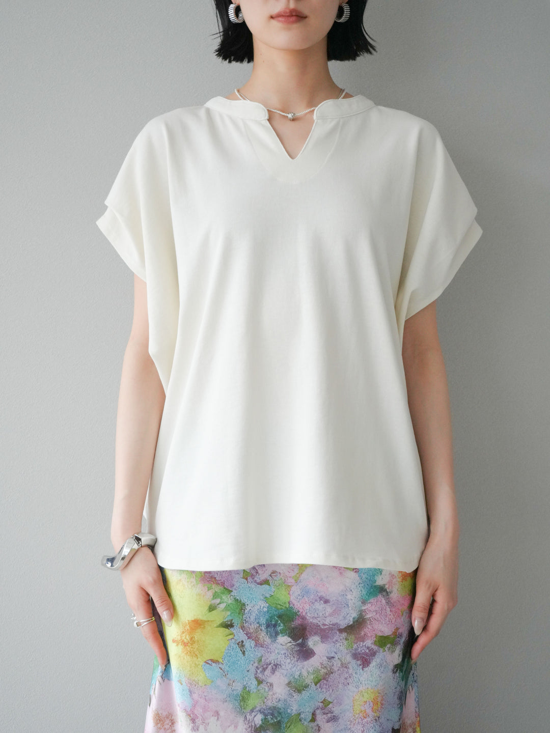 [予約]キーネックドルマンルーズコットンTシャツ/アイボリー