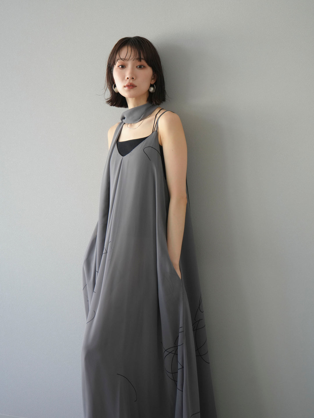 [予約]ペンタッチシフォンキャミワンピース/グレー