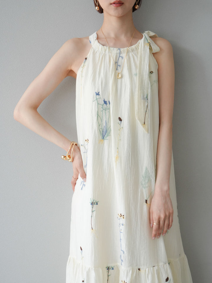 [予約]フラワー刺繍ホルターワンピース/アイボリー