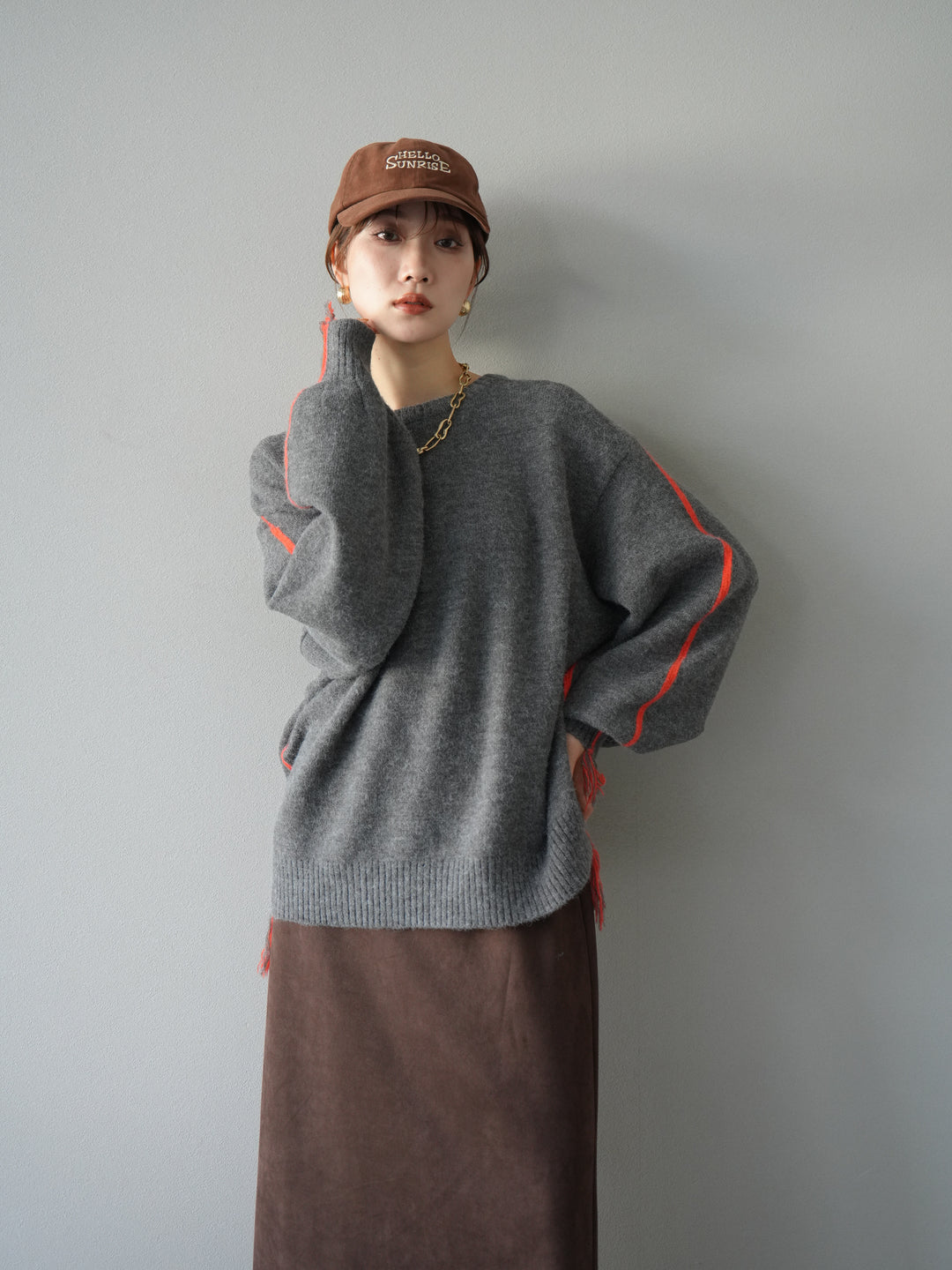 [SET]配色ステッチフリンジニットプルオーバー +選べるアクセセット(2set)