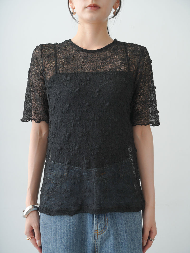 [予約]フラワーモチーフレーストップス/black