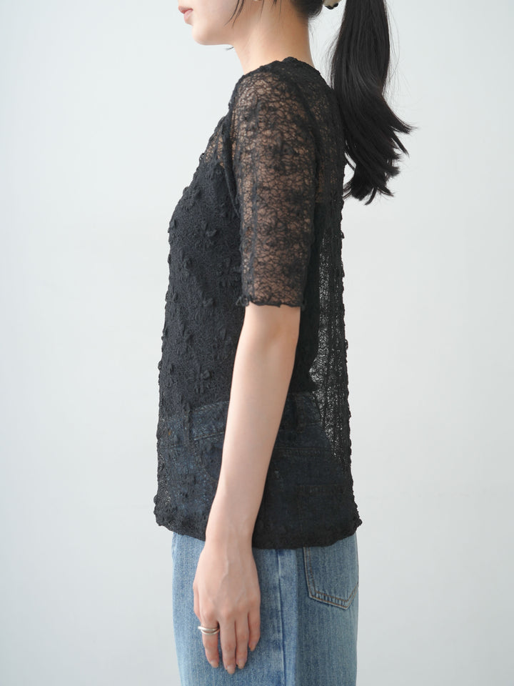 [予約]フラワーモチーフレーストップス/black