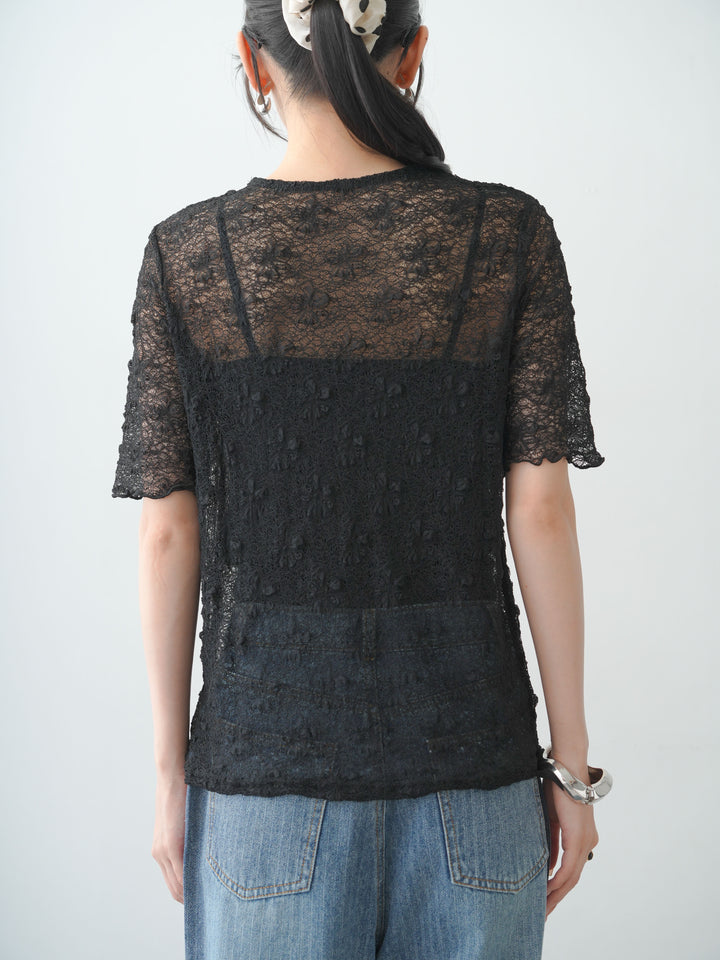 [予約]フラワーモチーフレーストップス/black
