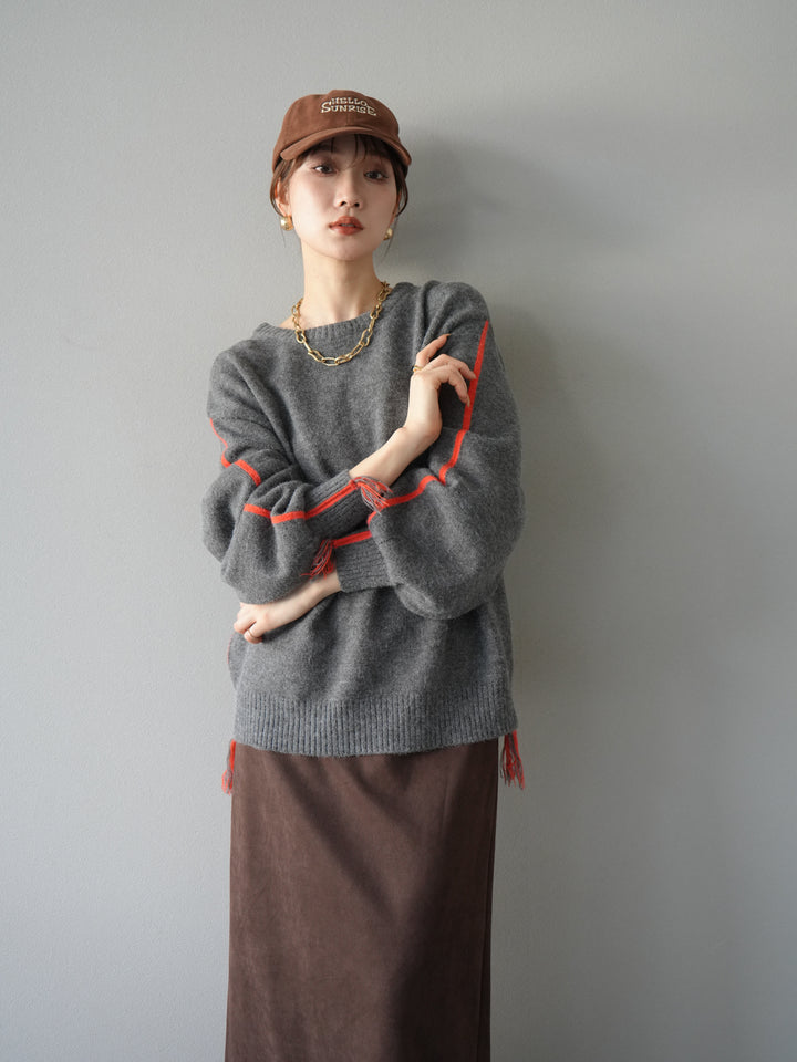[SET]配色ステッチフリンジニットプルオーバー +選べるアクセセット(2set)