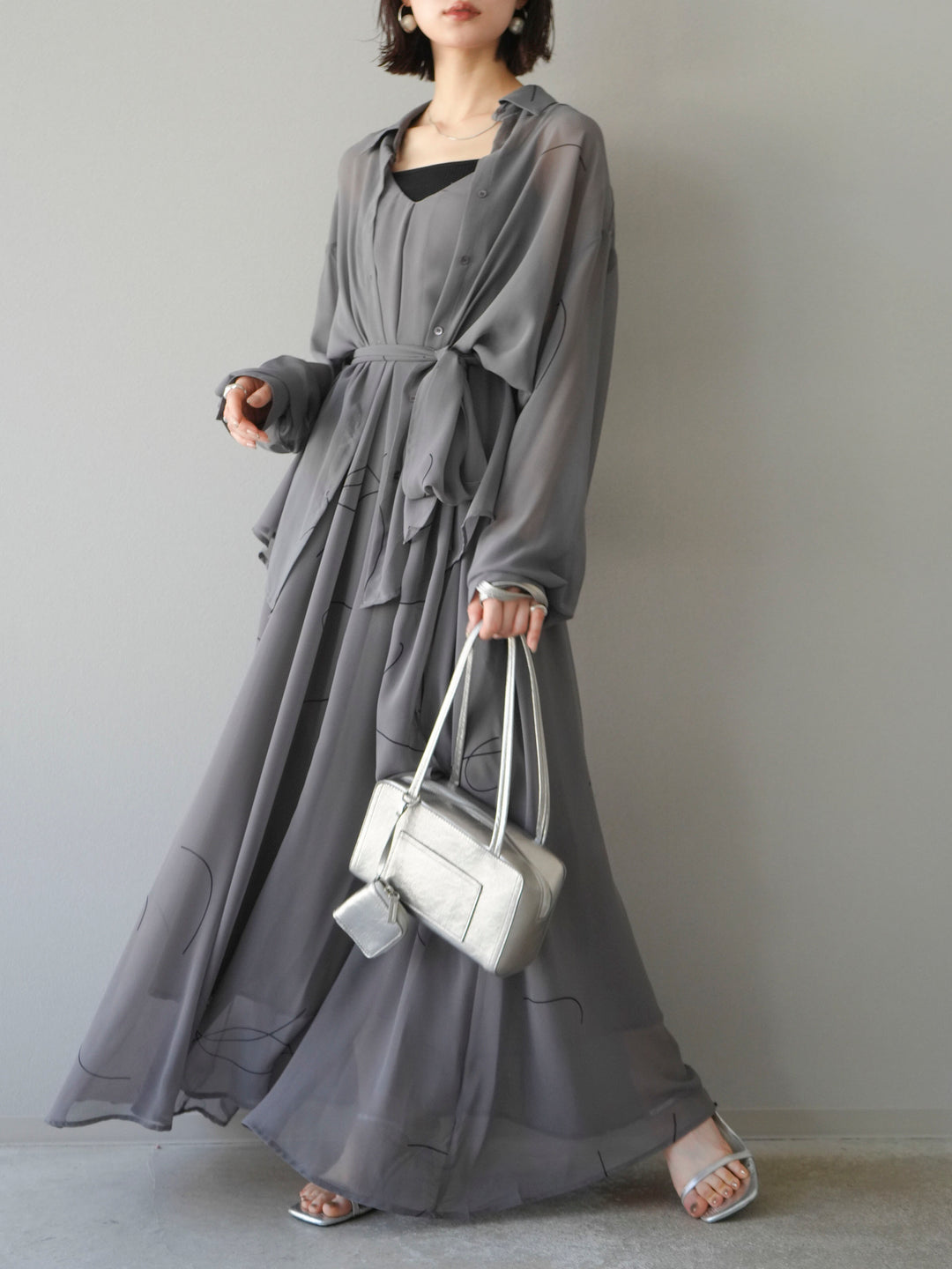 [予約]ペンタッチシフォンキャミワンピース/グレー