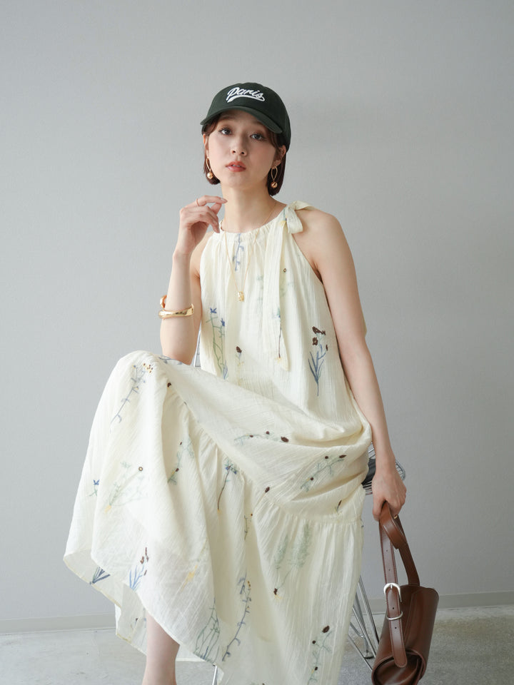 [予約]フラワー刺繍ホルターワンピース/アイボリー