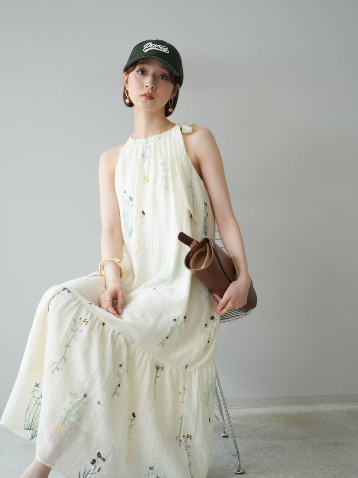 [予約]フラワー刺繍ホルターワンピース/アイボリー