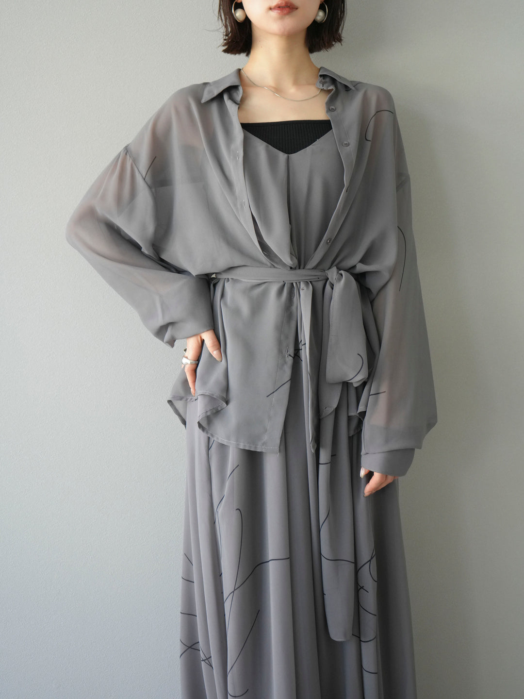 [予約]ペンタッチシフォンキャミワンピース/グレー
