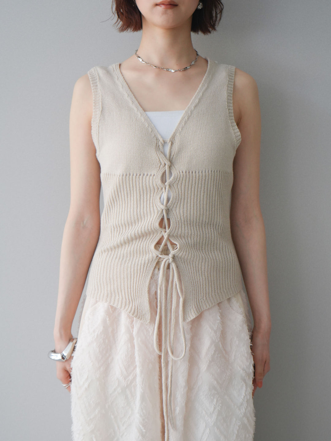 [予約]レースアップリブニットタンクトップ/beige
